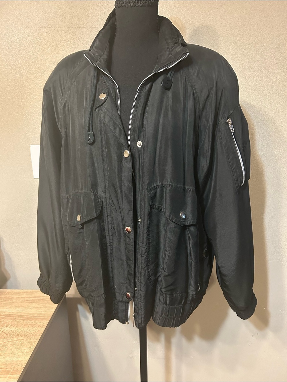 Vintage Silk Black Bomber Jacket with Zip Pockets